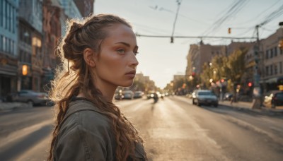 1girl,solo,long hair,blue eyes,brown hair,upper body,braid,outdoors,parted lips,day,blurry,from side,lips,depth of field,blurry background,looking up,ground vehicle,building,motor vehicle,freckles,curly hair,city,realistic,nose,car,road,street,crosswalk,looking at viewer,sky,solo focus,sunlight,scenery,power lines