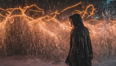 1girl,solo,long hair,black hair,long sleeves,1boy,very long hair,standing,male focus,outdoors,from behind,wet,rain,electricity,facing away,lightning,jacket,upper body,hood,blurry,black jacket,night,depth of field,blurry background,glowing,building,scenery,hooded jacket,hood up,city,city lights