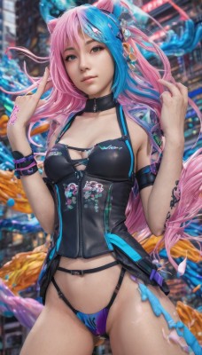 1girl,solo,long hair,breasts,looking at viewer,blue eyes,navel,animal ears,cleavage,jewelry,medium breasts,underwear,blue hair,panties,pink hair,multicolored hair,cowboy shot,choker,cat ears,blurry,collar,bracelet,two-tone hair,lips,streaked hair,tattoo,blurry background,ass visible through thighs,realistic,hair ornament,swimsuit,bikini,watermark,armband,web address,middle finger