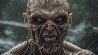 solo,looking at viewer,open mouth,blue eyes,1boy,male focus,outdoors,teeth,blurry,wet,no humans,blurry background,portrait,rain,monster,realistic,bald,alien,horror (theme),pointy ears,grey eyes,clenched teeth,angry,close-up