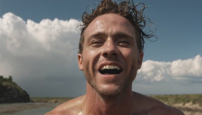 solo,looking at viewer,open mouth,brown hair,1boy,male focus,outdoors,sky,teeth,day,cloud,necklace,blurry,blue sky,blurry background,facial hair,messy hair,portrait,beard,realistic,mustache,stubble,smile,jewelry,shiny,cloudy sky