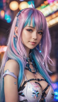 1girl,solo,long hair,breasts,looking at viewer,smile,bangs,large breasts,hair ornament,cleavage,bare shoulders,brown eyes,jewelry,medium breasts,closed mouth,blue hair,upper body,pink hair,purple hair,ahoge,multicolored hair,earrings,blurry,two-tone hair,lips,streaked hair,depth of field,blurry background,realistic,nose,virtual youtuber,necklace,makeup,armlet