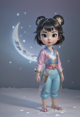 1girl,solo,looking at viewer,blush,short hair,bangs,blue eyes,black hair,hair ornament,long sleeves,jewelry,closed mouth,standing,full body,flower,shoes,pants,hair flower,hair bun,star (symbol),black eyes,lips,sash,double bun,chinese clothes,moon,crescent,child,female child,crescent moon,shadow,pink footwear