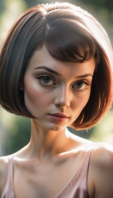 1girl,solo,breasts,looking at viewer,short hair,bangs,brown hair,cleavage,bare shoulders,brown eyes,collarbone,upper body,parted lips,teeth,artist name,blurry,lips,eyelashes,depth of field,blurry background,bob cut,tank top,portrait,close-up,freckles,realistic,nose,closed mouth,sleeveless,expressionless,sunlight,backlighting