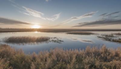 outdoors,sky,day,cloud,signature,water,tree,blue sky,no humans,sunlight,cloudy sky,grass,plant,nature,scenery,forest,reflection,sunset,sun,horizon,river,landscape,lake,ocean,ground vehicle,aircraft,field