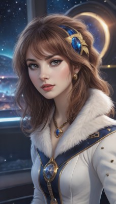 1girl,solo,long hair,breasts,looking at viewer,bangs,brown hair,hair ornament,brown eyes,jewelry,medium breasts,upper body,hairband,earrings,necklace,lips,coat,grey eyes,fur trim,eyelashes,window,makeup,lipstick,gem,star (sky),pendant,freckles,realistic,nose,white coat,winter clothes,red lips,space,winter coat,long sleeves,closed mouth,sky,artist name,indoors,night,wavy hair,starry sky,fur collar