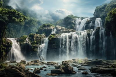 PREMIUM,outdoors,sky,day,cloud,water,tree,blue sky,no humans,cloudy sky,nature,scenery,forest,rock,mountain,river,waterfall,landscape,cliff,moss