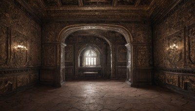 day,indoors,no humans,window,chair,sunlight,scenery,light rays,wooden floor,stairs,door,light,candle,architecture,pillar,ceiling,hallway,church,arch,chandelier,stone floor,wall,candlestand,gate,column,brick floor