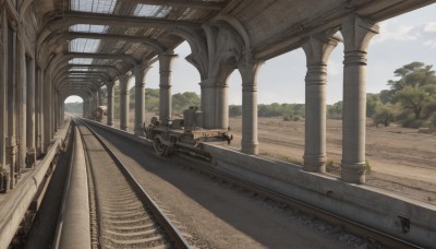 outdoors,sky,day,cloud,tree,blue sky,no humans,building,scenery,stairs,railing,architecture,bridge,pillar,arch,railroad tracks,column,weapon,multiple boys,gun,military,grass,plant,ground vehicle,motor vehicle,road,landscape,desert