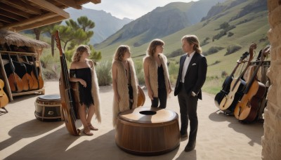 long hair,short hair,multiple girls,brown hair,shirt,1boy,dress,standing,jacket,white shirt,outdoors,multiple boys,wings,necktie,day,pants,3girls,black dress,tree,black jacket,shadow,facial hair,black pants,formal,sandals,suit,instrument,black necktie,hand in pocket,mountain,music,guitar,playing instrument,drum,1girl,braid,2boys,looking at another,hands in pockets,old