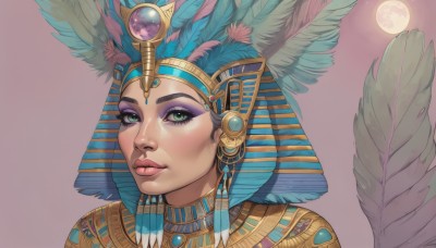 1girl,solo,looking at viewer,black hair,hair ornament,jewelry,green eyes,parted lips,dark skin,dark-skinned female,lips,eyelashes,makeup,moon,feathers,lipstick,head wings,gem,portrait,full moon,eyeshadow,nose,headdress,eyeliner,mascara,egyptian,egyptian clothes,short hair,simple background,sky,realistic,feather hair ornament