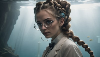 1girl,solo,long hair,looking at viewer,brown hair,shirt,hair ornament,bow,brown eyes,white shirt,upper body,braid,parted lips,glasses,collared shirt,artist name,dark skin,bowtie,hair bun,mole,dark-skinned female,lips,black bow,sunlight,portrait,freckles,fish,black-framed eyewear,black bowtie,underwater,realistic,nose,round eyewear,blue eyes,green eyes,forehead,light rays