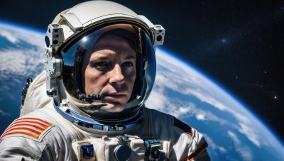 solo,looking at viewer,black hair,1boy,closed mouth,upper body,male focus,signature,helmet,star (sky),reflection,science fiction,realistic,space,planet,earth (planet),american flag,spacesuit,japanese flag,space helmet,united states,astronaut,blue eyes