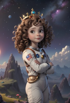 1girl,solo,long hair,looking at viewer,smile,brown hair,brown eyes,standing,flower,cowboy shot,outdoors,sky,cloud,signature,lips,night,crossed arms,moon,grass,crown,star (sky),night sky,starry sky,freckles,curly hair,mountain,realistic,nose,planet,american flag,spacesuit,japanese flag,astronaut,artist name,looking to the side,bodysuit,emblem,badge