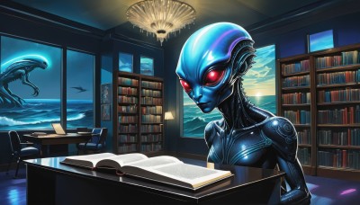 solo,red eyes,1boy,male focus,sky,cloud,indoors,water,book,window,night,glowing,colored skin,ocean,chair,table,star (sky),desk,science fiction,blue skin,bookshelf,planet,library,alien,1girl,sitting,no humans,bodysuit,night sky,scenery,glowing eyes,open book,lamp,cyborg,desk lamp