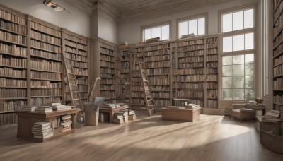 day,indoors,tree,book,no humans,window,shadow,chair,table,sunlight,curtains,box,scenery,wooden floor,bookshelf,lamp,shelf,book stack,library,ladder,desk,ceiling