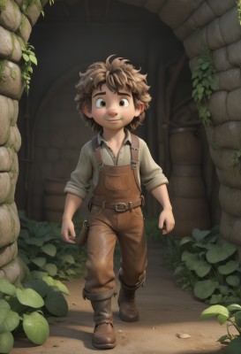 solo,looking at viewer,smile,short hair,brown hair,shirt,1boy,brown eyes,closed mouth,green eyes,standing,full body,white shirt,male focus,boots,outdoors,collared shirt,belt,leaf,thick eyebrows,suspenders,plant,messy hair,child,sleeves rolled up,freckles,walking,pouch,overalls,male child