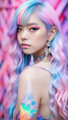 1girl,solo,long hair,looking at viewer,bangs,blue eyes,bare shoulders,jewelry,closed mouth,blue hair,upper body,pink hair,multicolored hair,earrings,necklace,blurry,from side,two-tone hair,lips,eyelashes,gradient hair,makeup,depth of field,blurry background,watermark,wavy hair,lipstick,gem,web address,eyeshadow,crystal,pink lips,realistic,nose,eyeliner,mascara,looking back,artist name,blunt bangs,pearl (gemstone)