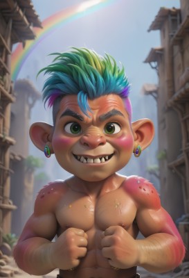 solo,looking at viewer,blush,smile,short hair,1boy,navel,animal ears,jewelry,nipples,green eyes,blue hair,upper body,male focus,multicolored hair,earrings,outdoors,green hair,sky,teeth,day,pointy ears,belt,grin,blurry,muscular,blurry background,piercing,abs,thick eyebrows,pectorals,muscular male,child,bara,furry,clenched hands,freckles,topless male,male child,rainbow,dirty,pink hair,artist name,two-tone hair,blue sky,fangs,scar,realistic,furry male,ruins,mohawk