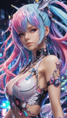 1girl,solo,long hair,breasts,looking at viewer,bangs,blue eyes,large breasts,hair ornament,navel,cleavage,bare shoulders,twintails,jewelry,medium breasts,closed mouth,blue hair,upper body,pink hair,multicolored hair,earrings,midriff,mole,blurry,two-tone hair,lips,mole under eye,blurry background,headgear,armlet,realistic,nose,hair between eyes,sidelocks,sleeveless,shiny,artist name,from side,crop top,looking to the side,eyelashes,gradient hair,makeup,detached collar,depth of field,expressionless,gem,hair rings,science fiction,pink lips,arm strap,strap,bokeh,mascara