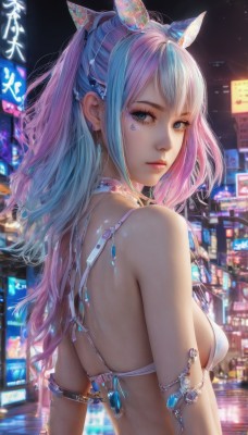 1girl,solo,long hair,breasts,looking at viewer,bangs,blue eyes,bow,bare shoulders,jewelry,medium breasts,closed mouth,blue hair,swimsuit,upper body,ponytail,pink hair,hair bow,bikini,multicolored hair,earrings,small breasts,outdoors,choker,looking back,from behind,bracelet,two-tone hair,lips,streaked hair,eyelashes,sideboob,makeup,night,back,white bikini,facial mark,piercing,building,gem,bikini top only,armlet,city,realistic,nose,cityscape,sidelocks,artist name,from side,gradient hair,ear piercing,cyberpunk,neon lights