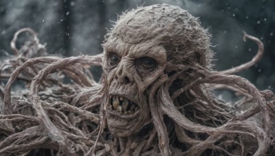 solo,looking at viewer,open mouth,blue eyes,upper body,outdoors,teeth,blurry,no humans,blurry background,sharp teeth,tentacles,snow,1other,skull,monster,snowing,extra eyes,alien,horror (theme),eldritch abomination,skeleton