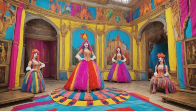 long hair,looking at viewer,blue eyes,multiple girls,skirt,long sleeves,dress,jewelry,sitting,standing,red hair,barefoot,indoors,3girls,4girls,crown,veil,hands on hips,carpet,rug,1girl,puffy sleeves,multicolored clothes,traditional clothes