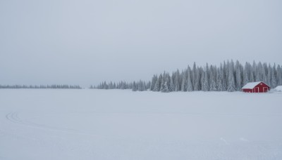 outdoors,sky,day,water,tree,no humans,nature,scenery,snow,forest,reflection,winter,bare tree,lake,monochrome,blue theme,house,landscape