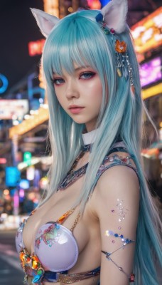 1girl,solo,long hair,breasts,looking at viewer,bangs,blue eyes,hair ornament,animal ears,cleavage,jewelry,medium breasts,blue hair,swimsuit,upper body,bikini,outdoors,cat ears,necklace,blurry,lips,eyelashes,aqua hair,makeup,night,depth of field,blurry background,gem,bikini top only,armlet,eyeshadow,bare shoulders,closed mouth,flower,artist name,hair flower,from side,grey eyes,white bikini,expressionless,straight hair,pink lips,realistic,nose,eyeliner,miqo'te,bokeh