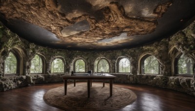 sky,day,indoors,water,tree,no humans,window,chair,table,sunlight,plant,scenery,reflection,fantasy,ruins,pillar,piano,arch,overgrown,grand piano,star (sky),starry sky,space,planet