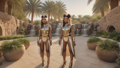 long hair,looking at viewer,smile,blue eyes,multiple girls,brown hair,black hair,2girls,brown eyes,jewelry,closed mouth,standing,full body,earrings,outdoors,dark skin,water,hair bun,armor,high heels,bracelet,dark-skinned female,tree,double bun,siblings,sandals,plant,sisters,shoulder armor,pauldrons,twins,breastplate,palm tree,arms at sides,potted plant,gloves,animal ears,choker,fingerless gloves,armlet,realistic,waterfall,egyptian,egyptian clothes,dreadlocks