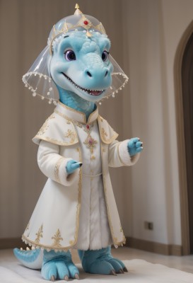 solo,looking at viewer,smile,open mouth,blue eyes,long sleeves,jewelry,standing,tail,full body,teeth,artist name,indoors,necklace,coat,no humans,colored skin,watermark,sharp teeth,gem,veil,claws,furry,robe,blue skin,dragon,1girl,dress,white dress,capelet