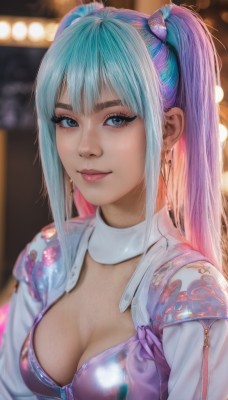 1girl,solo,long hair,breasts,looking at viewer,smile,bangs,blue eyes,hair ornament,cleavage,twintails,jewelry,medium breasts,closed mouth,blue hair,jacket,upper body,pink hair,sidelocks,multicolored hair,earrings,open clothes,blurry,two-tone hair,open jacket,lips,eyelashes,aqua hair,makeup,depth of field,blurry background,eyeshadow,realistic,nose,mascara,purple hair,artist name,thick eyebrows