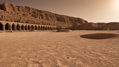 monochrome,outdoors,sky,water,tree,no humans,shadow,beach,building,scenery,sunset,mountain,sand,sun,road,bridge,sepia,river,landscape,brown theme,desert,day,shore