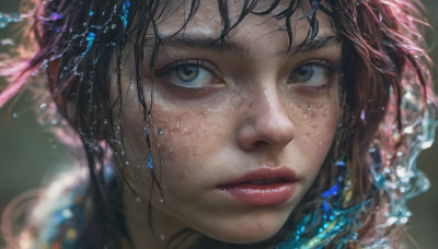 1girl, solo, looking at viewer, brown hair, black hair, green eyes, parted lips, teeth, water, blurry, lips, eyelashes, portrait, close-up, freckles, realistic, nose