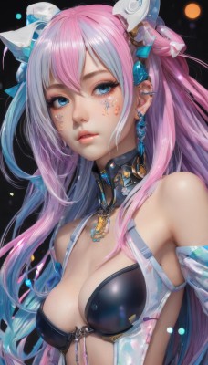 1girl,solo,long hair,breasts,looking at viewer,bangs,blue eyes,hair ornament,cleavage,hair between eyes,bare shoulders,jewelry,medium breasts,blue hair,upper body,pink hair,multicolored hair,earrings,parted lips,shiny,two-tone hair,lips,shiny skin,eyelashes,gradient hair,makeup,headgear,facial mark,piercing,black background,revealing clothes,realistic,nose,mascara,simple background,swimsuit,detached sleeves,necklace,mole,detached collar,gem,ear piercing,eyeshadow,eyeliner