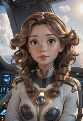 1girl,solo,long hair,breasts,looking at viewer,blush,smile,brown hair,brown eyes,upper body,parted lips,sky,day,cloud,medium hair,blue sky,lips,window,bodysuit,drill hair,forehead,backlighting,freckles,science fiction,curly hair,realistic,nose,sun,white bodysuit,ringlets,bangs,jewelry,earrings,outdoors,teeth,blurry,eyelashes,blurry background,sunlight,cloudy sky,lens flare,thick lips