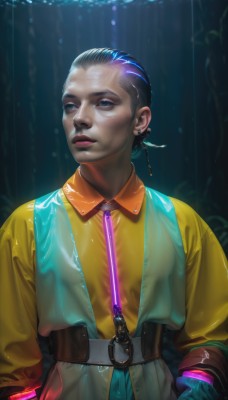 1girl,solo,short hair,blue eyes,shirt,black hair,gloves,long sleeves,1boy,jewelry,closed mouth,upper body,male focus,earrings,collared shirt,belt,dark skin,dark-skinned female,lips,wet,looking to the side,makeup,looking away,piercing,dark-skinned male,science fiction,rain,yellow shirt,realistic,nose,very short hair,dreadlocks,hair bun,glowing,single hair bun,cyberpunk,lightsaber