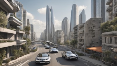 outdoors,sky,day,cloud,tree,blue sky,no humans,shadow,plant,ground vehicle,building,scenery,motor vehicle,city,palm tree,car,road,cityscape,vehicle focus,lamppost,street,skyscraper,crosswalk,real world location,bush,sports car