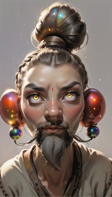 1girl,solo,looking at viewer,simple background,hair ornament,1boy,jewelry,closed mouth,collarbone,yellow eyes,upper body,braid,grey hair,male focus,earrings,grey background,hair bun,mole,lips,eyelashes,makeup,facial hair,facial mark,single hair bun,thick eyebrows,portrait,light particles,beard,forehead,freckles,beads,forehead mark,realistic,nose,mustache,old,straight-on,mascara,brown hair,artist name