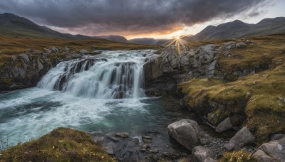 outdoors,sky,day,cloud,water,tree,no humans,sunlight,cloudy sky,grass,nature,scenery,sunset,rock,mountain,sun,river,waterfall,landscape,cliff,flower,signature,stream