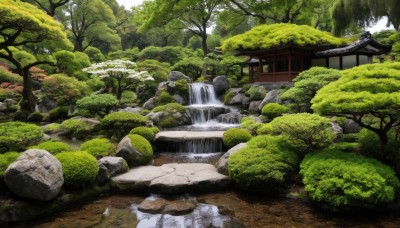 outdoors,day,water,tree,no humans,grass,building,nature,scenery,forest,rock,architecture,east asian architecture,river,waterfall,moss,stone,pond,stone lantern,stream,bush