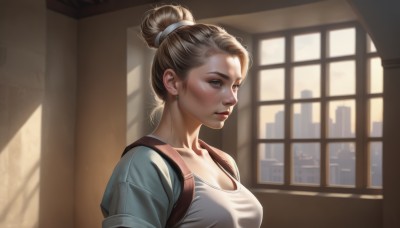 1girl,solo,breasts,blush,short hair,blue eyes,blonde hair,large breasts,brown hair,shirt,cleavage,brown eyes,jewelry,medium breasts,closed mouth,collarbone,white shirt,upper body,earrings,indoors,hair bun,lips,window,sunlight,single hair bun,backpack,building,realistic,nose,stud earrings,tank top,t-shirt