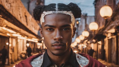 solo,looking at viewer,shirt,black hair,1boy,brown eyes,jewelry,closed mouth,upper body,male focus,multicolored hair,earrings,outdoors,solo focus,collared shirt,dark skin,hair bun,blurry,black eyes,two-tone hair,dark-skinned female,double bun,depth of field,blurry background,facial hair,dark-skinned male,portrait,red jacket,lantern,realistic,mustache,very dark skin,jacket,lips,black shirt