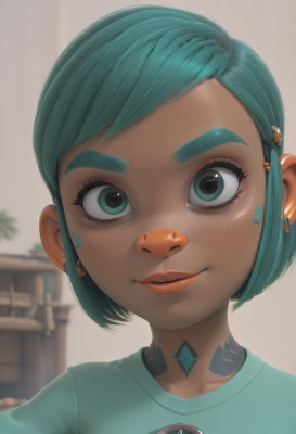 1girl,solo,looking at viewer,smile,short hair,bangs,shirt,hair ornament,jewelry,green eyes,upper body,earrings,parted lips,green hair,artist name,dark skin,blurry,aqua eyes,dark-skinned female,lips,eyelashes,aqua hair,tattoo,makeup,blurry background,swept bangs,piercing,thick eyebrows,portrait,close-up,freckles,nose,cyborg,mascara,neck tattoo,aqua shirt,teeth,hairclip,lipstick