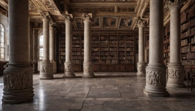 day,indoors,water,book,no humans,window,sunlight,scenery,light rays,stairs,bookshelf,tiles,architecture,tile floor,pillar,library,arch,column,vanishing point,voile,chair,railing,statue,reflective floor,stone floor