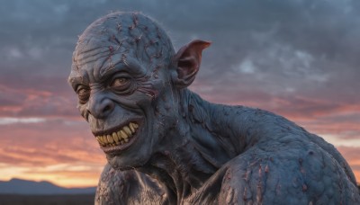 solo,looking at viewer,smile,open mouth,1boy,male focus,outdoors,sky,teeth,cloud,no humans,colored skin,sharp teeth,portrait,sunset,monster,mountain,realistic,blue skin,scales,alien,brown eyes,pointy ears,parody,cloudy sky,horror (theme),orc