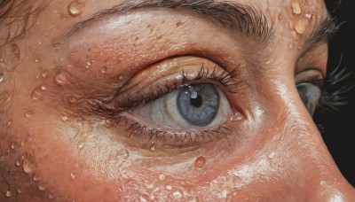 solo,looking at viewer,blue eyes,black hair,1boy,male focus,eyelashes,black background,close-up,reflection,water drop,realistic,eye focus,simple background