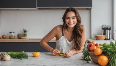 1girl,solo,long hair,looking at viewer,smile,brown hair,holding,bare shoulders,brown eyes,upper body,food,teeth,sleeveless,indoors,grin,blurry,fruit,table,knife,plant,realistic,basket,orange (fruit),kitchen,vegetable,sink,cutting board,dark skin,dark-skinned female,tattoo,tank top,carrot,potato,onion