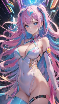 1girl,solo,long hair,breasts,looking at viewer,blush,bangs,blue eyes,large breasts,hair ornament,thighhighs,long sleeves,cleavage,bare shoulders,twintails,jewelry,medium breasts,very long hair,closed mouth,blue hair,standing,pink hair,thighs,multicolored hair,cowboy shot,earrings,detached sleeves,shiny,virtual youtuber,two-tone hair,leotard,two side up,streaked hair,groin,shiny skin,clothing cutout,covered navel,skindentation,thigh strap,highleg,single thighhigh,skin tight,highleg leotard,shiny clothes,white leotard,blue thighhighs,nail polish,lips